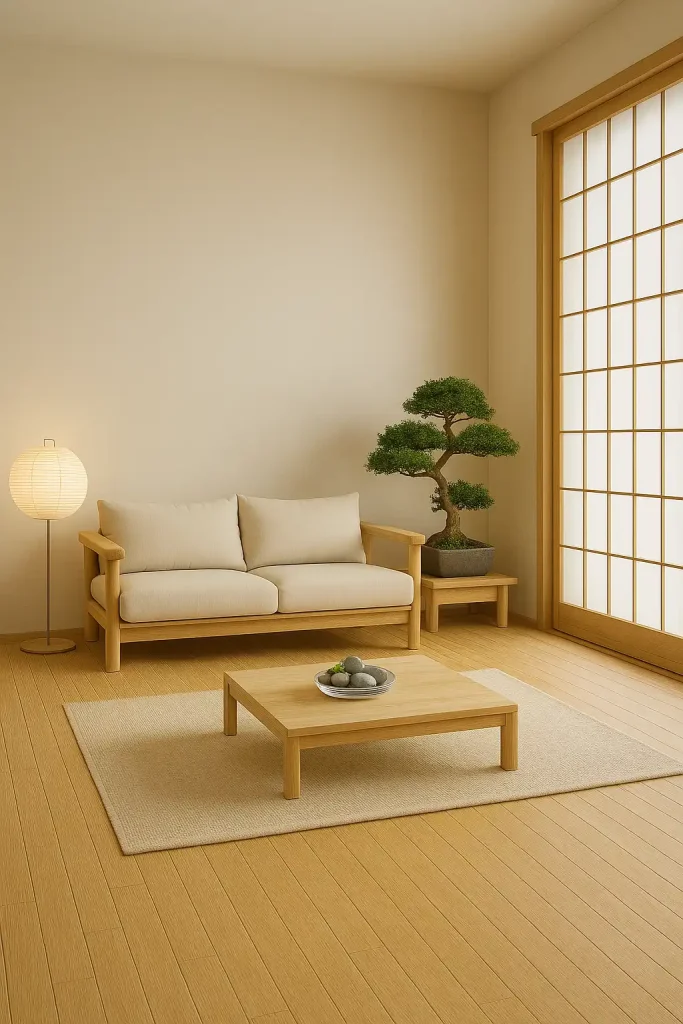 A serene modern living room with Zen-inspired decor: white plaster walls, natural bamboo flooring, and a low wood sofa with cream cushions. Bonsai plants, smooth river stones in a glass bowl, and a paper lantern floor lamp. Shoji-style sliding door to the side. Minimal color palette with soft beige and pale wood. No visible clutter, just balance and simplicity. Ambient light through a rice paper screen.