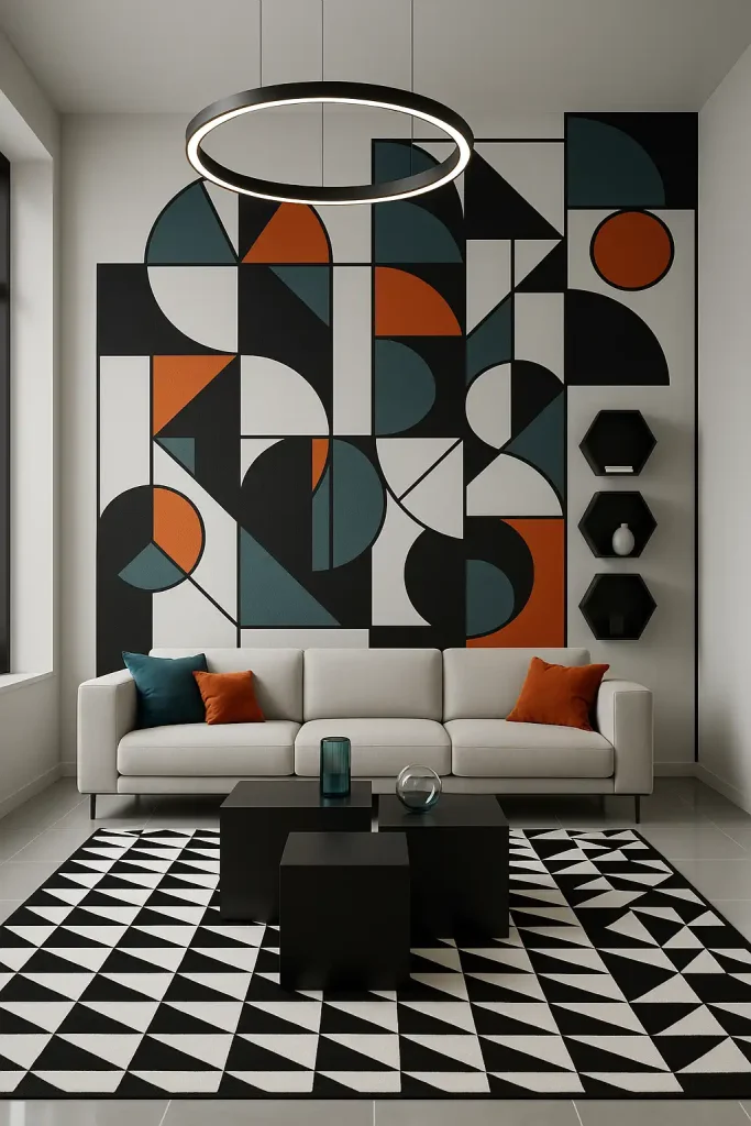 Modern living room with geometric design elements throughout: black and white triangle-patterned rug, square modular sofa, and cube-shaped coffee tables. Hexagonal wall shelves, circular ceiling light with intersecting rings, and a bold wall mural of abstract geometric art. Mostly monochrome with accents of teal and burnt orange. Glossy tile floors and glass decor.