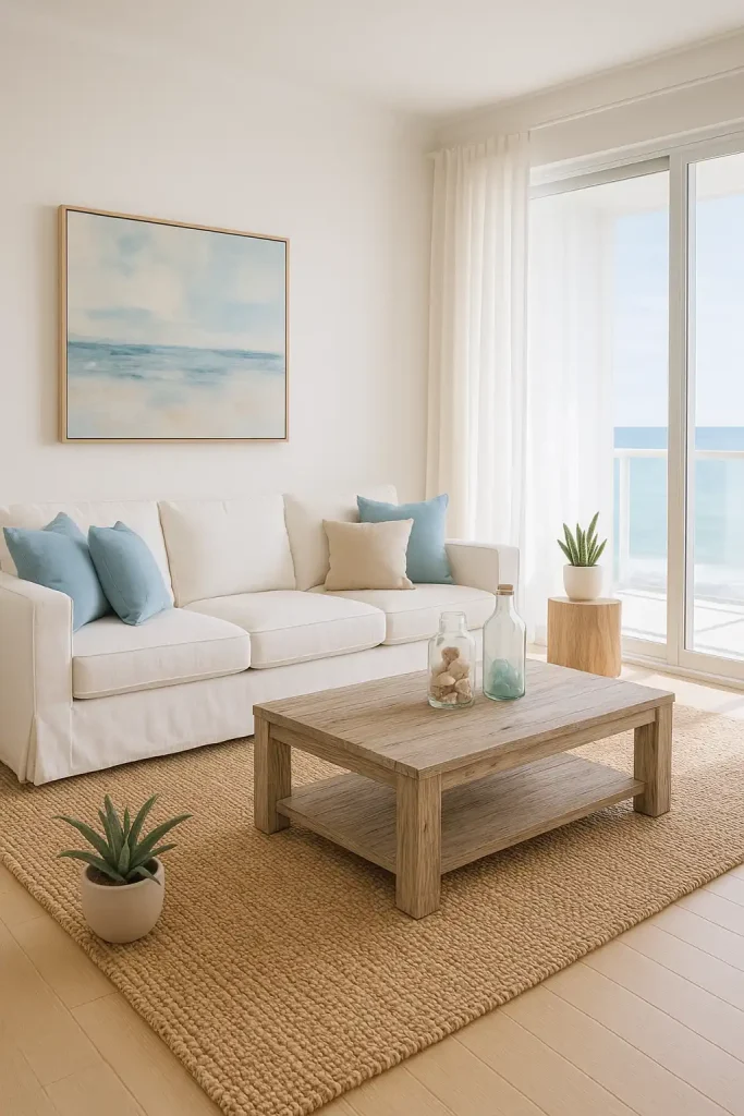 A breezy modern coastal living room with crisp white walls, driftwood furniture, and soft blue accents. White slipcovered sofa with sky-blue and sand-colored pillows. Large woven seagrass rug, weathered wood coffee table, and glass vases filled with shells and sea glass. Floor-to-ceiling sheer curtains flowing in the breeze. Nautical abstract artwork and potted succulents in matte ceramic planters. Soft ambient lighting and a tranquil ocean view through sliding glass doors.