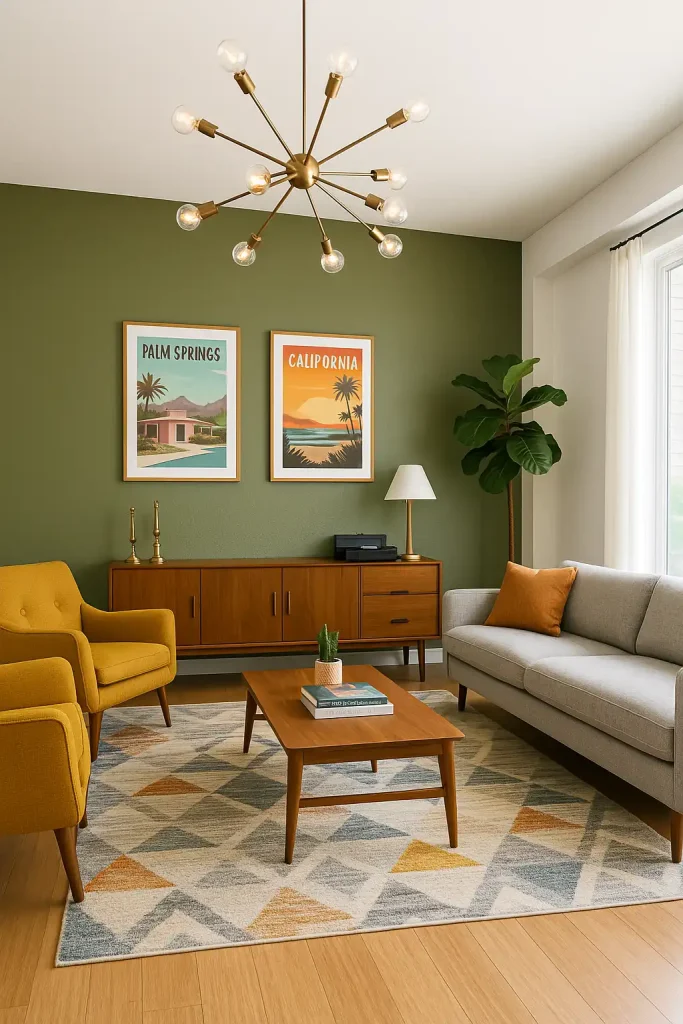 A stylish living room with mid-century modern revival elements: walnut wood credenza, mustard yellow armchairs, and a low-profile gray fabric sofa with tapered wooden legs. Sputnik chandelier overhead, geometric-patterned area rug, and vintage turntable on a side console. Accent wall in olive green, framed retro travel posters, and a tall fiddle leaf fig in the corner. Decor includes brass candlesticks, stacked art books, and a retro floor lamp.