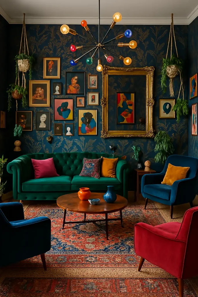A bold, colorful modern living room with an eclectic, maximalist aesthetic. Jewel-toned velvet furniture in emerald, sapphire, and ruby. Patterned wallpaper in deep navy with gold metallic accents. A mix of vintage and modern artwork, layered rugs (Persian over jute), and an oversized gold-framed mirror. Gallery wall filled with art, photography, and quirky sculptures. Plants hanging in macrame holders and a bold chandelier with mismatched bulbs.