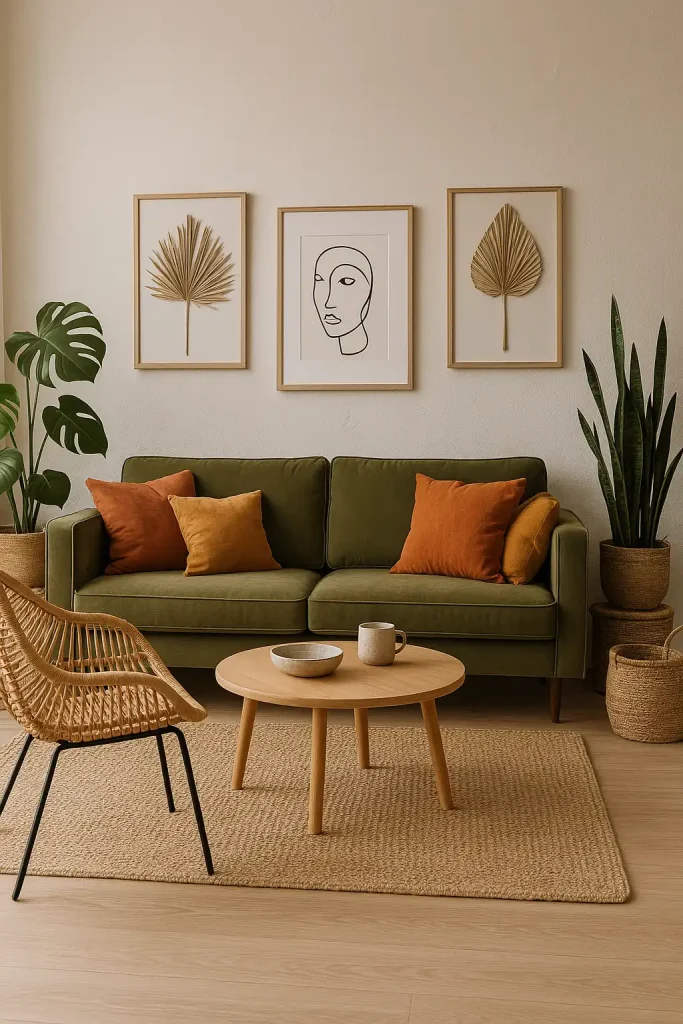 A cozy, modern living room with an earthy boho vibe. Olive green velvet couch with warm-toned throw pillows in terracotta and ochre. Rattan armchair with black steel legs, jute rug layered under a modern round wood coffee table. Wall art includes line drawings and dried palm leaves in wooden frames. Textured plaster walls, woven baskets, and houseplants like monstera and snake plants in minimalist pots.