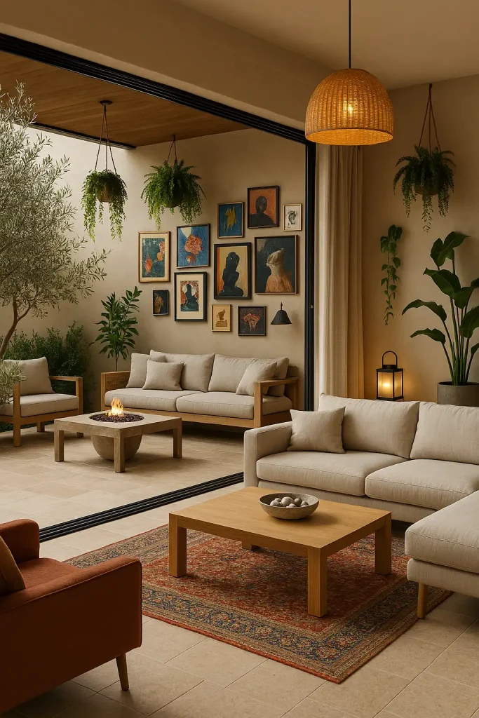 A seamless indoor-outdoor modern living space with a sliding glass wall that opens to a patio. Inside: neutral-toned sectional with outdoor-safe fabric, travertine tile flooring, and light wood coffee table. Outside: matching patio seating with linen cushions and a fire pit. Both spaces share the same minimalist aesthetic with lots of greenery — olive trees, hanging ferns, and trailing vines. Natural linen curtains, minimalist lanterns, and soft ambient lighting bridge both areas.