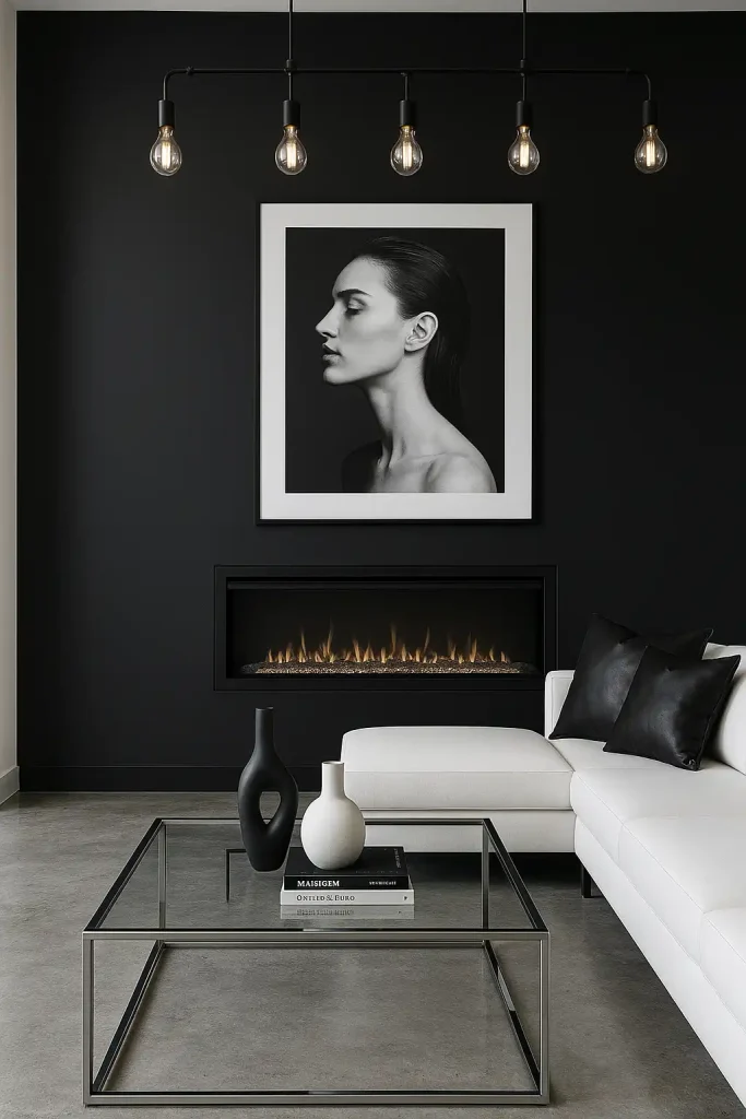 Modern living room in a black-and-white palette with high contrast. Matte black accent wall with a mounted electric fireplace. White sectional sofa with black leather pillows. Glass coffee table with chrome frame, sculptural black and white vases, and a stack of design books. Large black-and-white photographic art, industrial lighting with exposed bulbs, and polished concrete flooring.