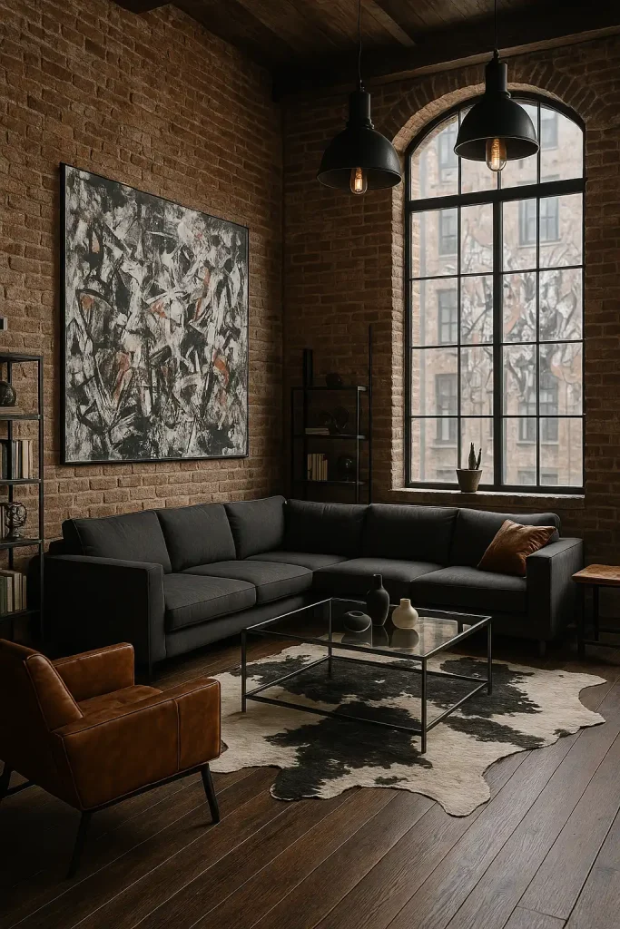 A chic, modern loft-style living room with high ceilings and exposed brick walls. Dark gray L-shaped sofa, steel and glass coffee table, cowhide rug on dark wooden floors. Large windows with black steel frames, industrial pendant lighting, and abstract graffiti-style art. Minimalist open shelving with books and industrial decor. Touches of leather and reclaimed wood for warmth.
