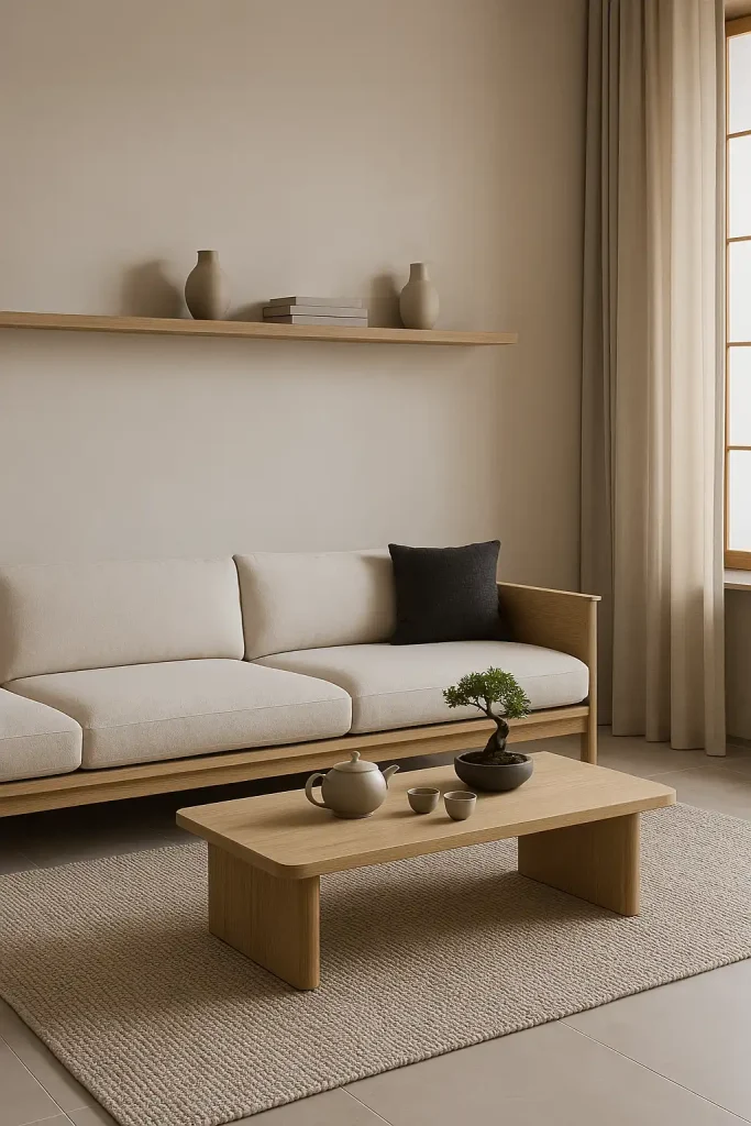 Modern living room with Japandi design influence: low-profile wood sofa with cream cushions, smooth plaster walls, natural linen curtains. Light ash wood coffee table with simple rounded edges, ceramic tea set, and a bonsai tree. Neutral tones throughout: beige, stone, and charcoal. Shoji screen near a corner reading nook. Wall-mounted wood shelving with symmetrical decor pieces and neutral ceramics.
