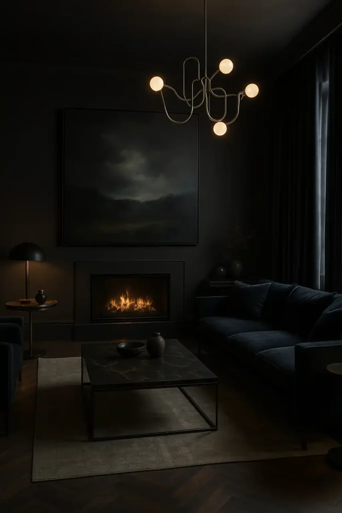 A dark, moody modern living room with charcoal gray walls and dark wood herringbone floors. Deep navy velvet sofa, brass accents on side tables and lighting fixtures. Floor-to-ceiling velvet curtains, dark marble coffee table with gold veining. Ambient lighting with a sculptural chandelier. A large moody landscape painting, dark-toned decor, and a fireplace with a modern black frame.
