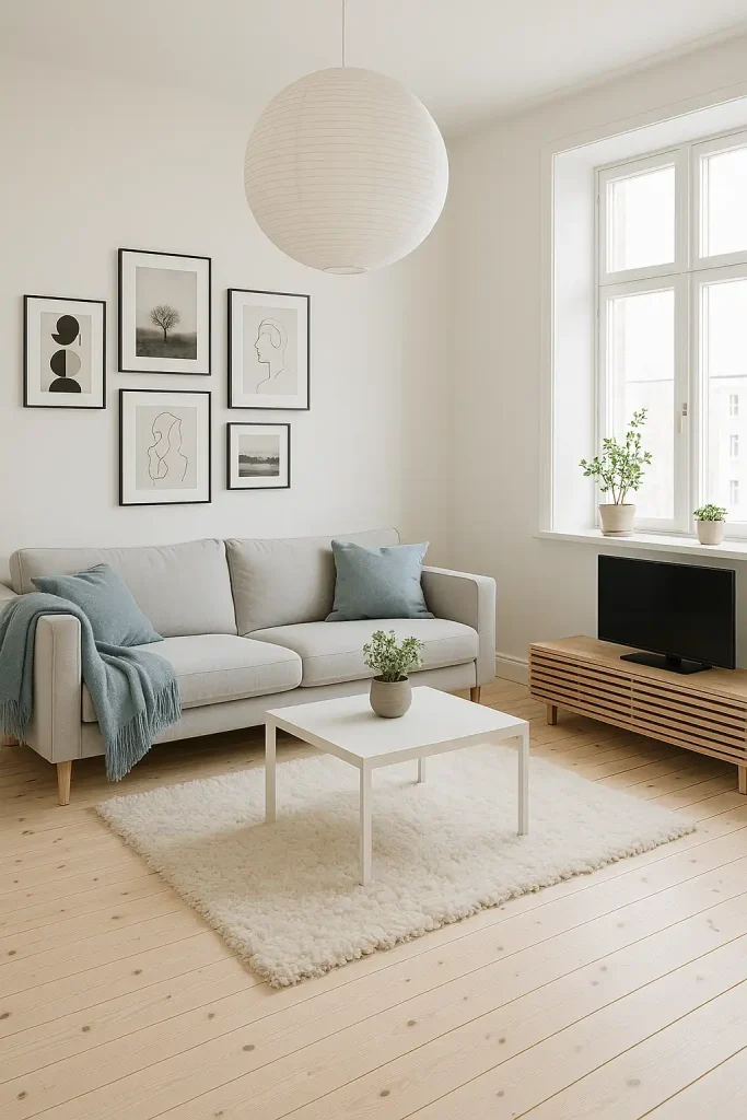 A bright and airy Scandinavian modern living room with white walls and light pine wood floors. Light gray sofa with pale blue and soft beige throws. Minimalist white coffee table, fluffy white area rug. Oversized paper lantern ceiling light, gallery wall with black-and-white prints in thin black frames. Small potted plants on window sills, wood-slatted TV console, and lots of natural light.