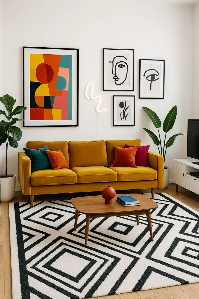 A modern living room with clean white walls and black-framed artwork, featuring a bold mustard yellow velvet sofa as the centerpiece. Geometric area rug in monochrome. Mid-century modern wood coffee table, colorful abstract wall art, and bright throw pillows in teal, rust, and fuchsia. Neon light wall decor, minimalist media console, and a couple of modern houseplants like fiddle leaf fig.