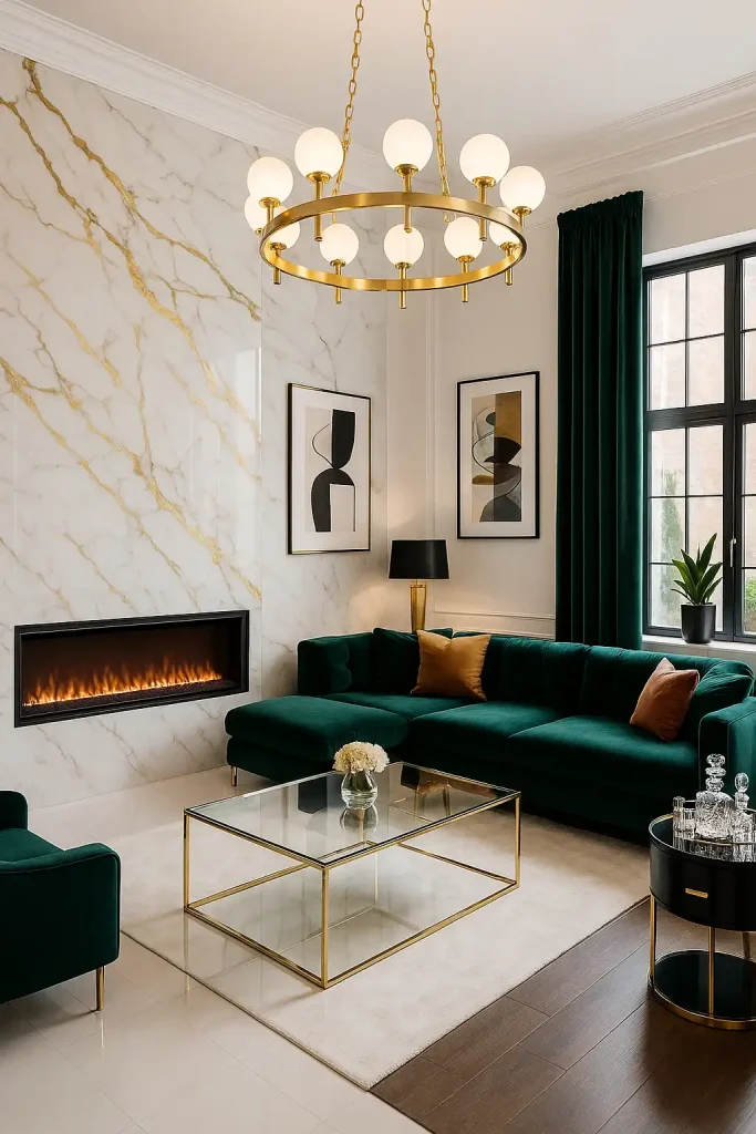 A glam modern living room featuring a white marble accent wall with gold veining and a sleek electric fireplace. Velvet emerald green sectional, glass coffee table with gold base, and polished white floor tiles. Oversized chandelier with gold detailing and globe bulbs. A mix of art deco and modern abstract art on the walls, velvet drapes, and glossy black side tables with gold handles. A bar cart styled with crystal decanters and modern glassware.