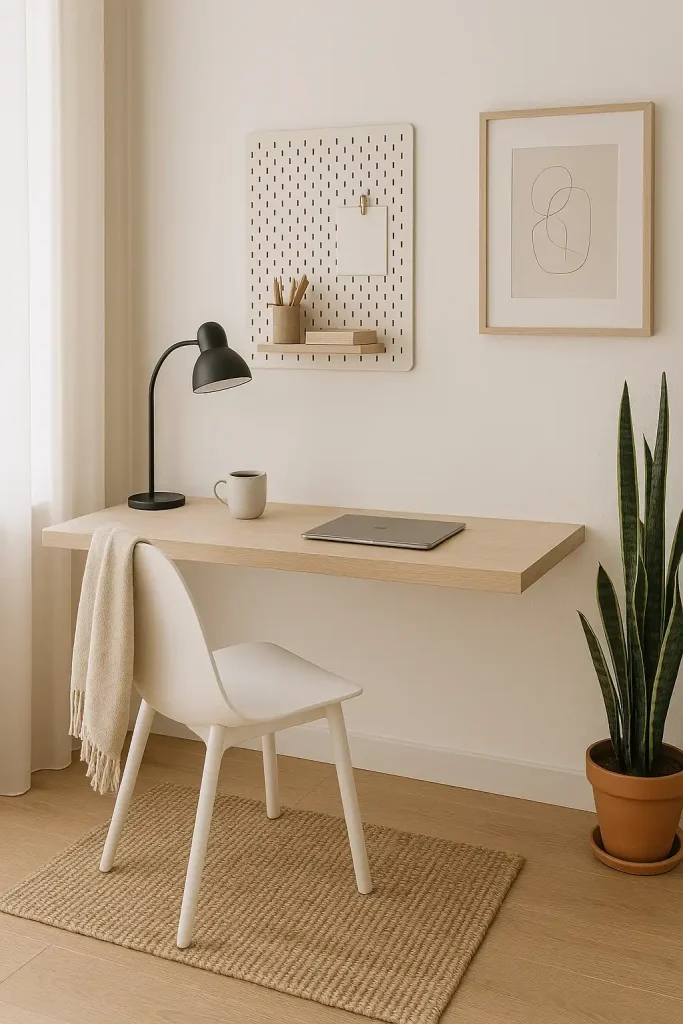 A serene, sunlit home office with white walls, light oak wood flooring, and sleek Scandinavian furniture. A floating desk made of pale birch wood is paired with a white ergonomic chair. A tall snake plant in a terracotta pot sits in one corner, while a pegboard wall organizer hangs above the desk. Add touches like a ceramic mug with black coffee, soft linen curtains, a beige throw blanket draped over the chair, and a closed silver MacBook. Include small accents like a woven jute rug, a matte black desk lamp, and a neutral-toned art print with abstract line drawings. The space should feel airy, calm, and clutter-free — perfect for creative focus.