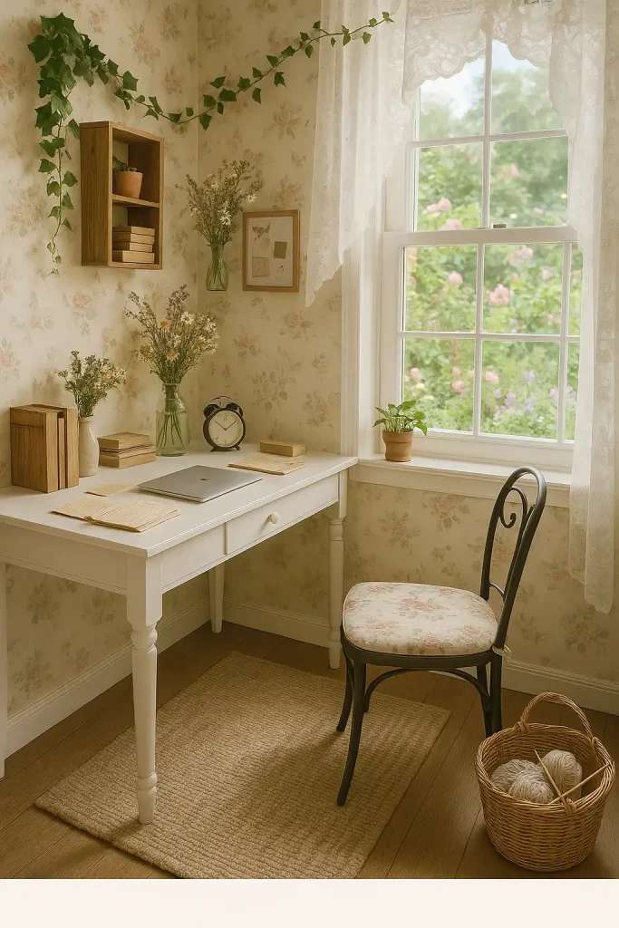 A quaint garden-themed workspace with floral wallpaper, lace curtains, and a white-painted desk. Surround the space with hanging ivy, a vase of wildflowers, and wooden crates used as storage. Include vintage stationery, handwritten letters, and an antique clock. The chair is wrought iron with a floral cushion. A window opens to a garden filled with roses and lavender. Add a tea cup on a saucer and a woven basket with knitting supplies. This office is ideal for someone who enjoys journaling, reading, or crafting in a peaceful, romantic setting.