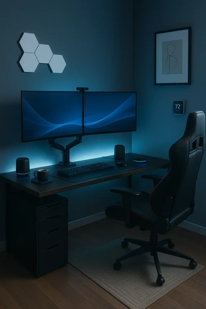 A sleek, futuristic workspace designed for a tech-savvy professional. The desk is matte black with integrated cable management, and features dual ultra-wide monitors on a hydraulic mount. RGB lighting glows subtly from the edges of the desk and behind the monitors. Add smart devices like a digital assistant, wireless charging pads, and a smart thermostat screen on the wall. A high-end ergonomic gaming chair in black and red contrasts with the cool-toned, minimalist walls. Decor is minimal — maybe a single abstract digital art frame or geometric wall panels with LED lighting. This space screams productivity and innovation.