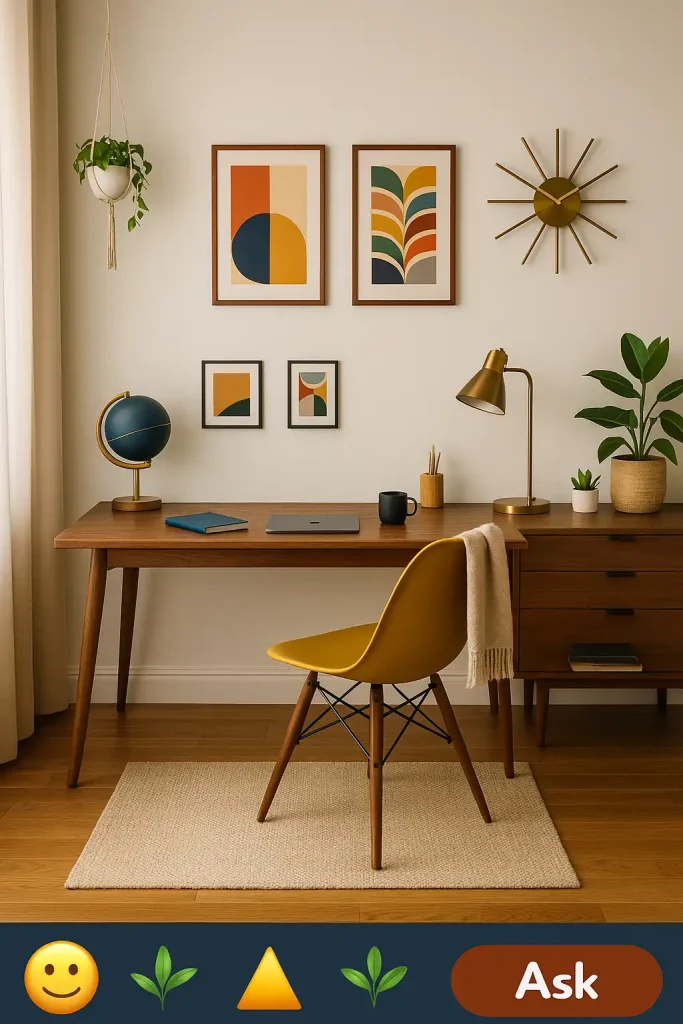 A stylish office space featuring mid-century modern furniture — a walnut desk with angled legs, an Eames-style chair, and a sleek sideboard. The color palette includes mustard, navy, and walnut wood tones. On the wall are geometric prints and a brass sunburst clock. A record player sits in the corner with a small stack of vinyls. Add retro-inspired desk accessories, a globe lamp, and a hanging planter. The room has polished wood floors and clean lines, evoking a balance of vintage charm and modern sensibility.