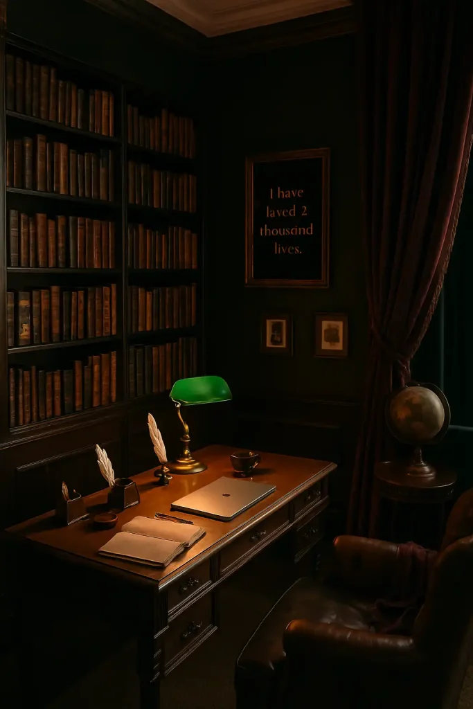 A moody, intellectual office with dark green or burgundy walls, velvet drapes, and shelves filled with old leather-bound books. The desk is heavy wood, and the space includes a green banker’s lamp, quill pens, wax seals, and framed quotes from classic literature. A vintage globe and a magnifying glass rest on a side table. The lighting is low and cozy, casting long shadows. This space should feel like a private study in a historic manor, built for deep reading, writing, or academic pursuits.