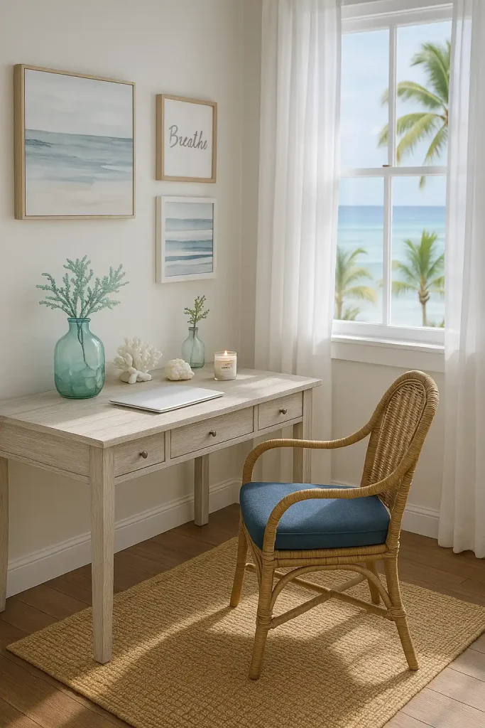 A breezy, coastal-themed workspace with whitewashed wood furniture, sheer white curtains, and ocean-themed art. The desk is driftwood-toned, with sea glass vases, coral decor, and a conch shell paperweight. The chair is woven rattan with a navy cushion. A jute rug, blue-and-white striped wall prints, and a framed "Breathe" quote contribute to the calm, breezy atmosphere. Outside the window, palm trees sway and the ocean sparkles. A scented candle labeled "Sea Salt & Sage" sits lit on the desktop.