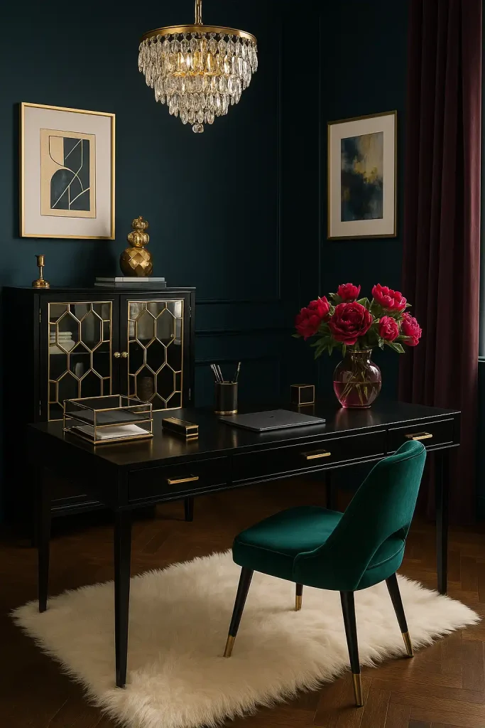 A glamorous office with rich jewel tones like emerald, sapphire, and amethyst. The desk is lacquered black with gold hardware, and a velvet emerald green chair sits beside it. The walls are deep navy with gold-accented art, and a faux fur rug covers the floor. Add a crystal chandelier, a mirrored cabinet, and a vase of bold peonies. Desk accessories are gold-accented — pen holders, stapler, and letter tray. This office is perfect for someone who loves fashion, beauty, and unapologetic luxury.