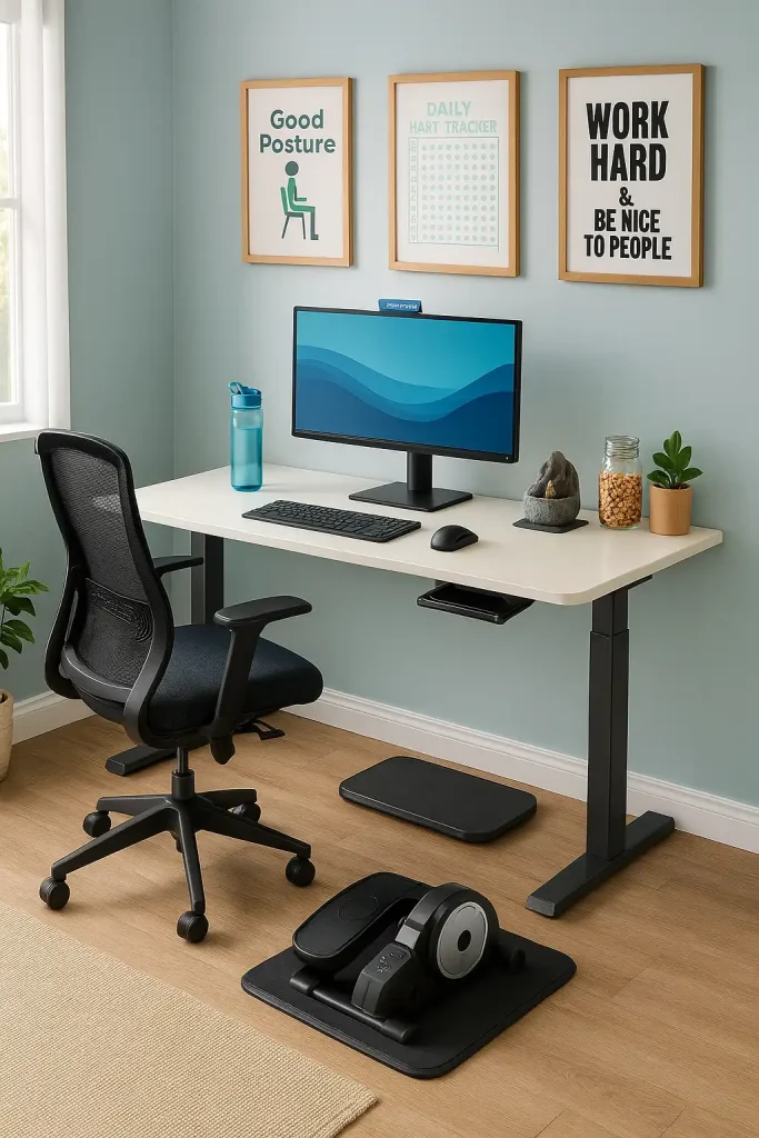 A health-focused workspace featuring a sit-stand desk, balance board, under-desk elliptical, and an ergonomic mesh chair. Accessories include a posture monitor, keyboard tray, and a blue light filter screen. The room is bright with calming blues and greens, minimal distractions, and plenty of airflow. Include motivational wall prints, a daily habit tracker, a water bottle, and healthy snacks in glass jars. A small indoor fountain adds a relaxing soundscape. It’s a space built for wellness and peak mental clarity.