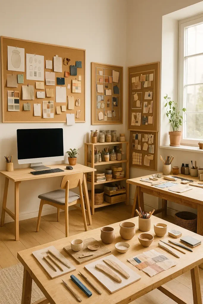 A hybrid workspace that doubles as a maker’s studio. One half has a traditional desk with a monitor, while the other half features a large wooden worktable covered in clay, paints, or textile materials. Shelves are filled with jars of tools, paints, spools of thread, and fabric swatches. The walls are lined with corkboards full of prototypes, sketches, and samples. Natural light floods the room, and the decor is functional but artistic — somewhere between a workshop and an atelier.