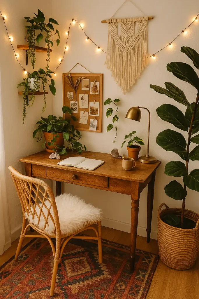 A cozy bohemian office corner filled with character and texture. The workspace features a vintage wooden desk with natural wear, paired with a rattan chair and a white faux fur seat cushion. Hanging above the desk is a macrame wall hanging, and a string of warm fairy lights adds a soft glow. Plants spill from shelves — pothos, string of pearls, and a fiddle leaf fig in a woven basket. A patterned kilim rug adds color to the floor, and the desktop holds crystals, incense, and an open notebook. Include a mood board with clippings, Polaroids, and dried flowers pinned to cork. The atmosphere is earthy, mystical, and warm — ideal for someone with a creative, free-spirited soul.