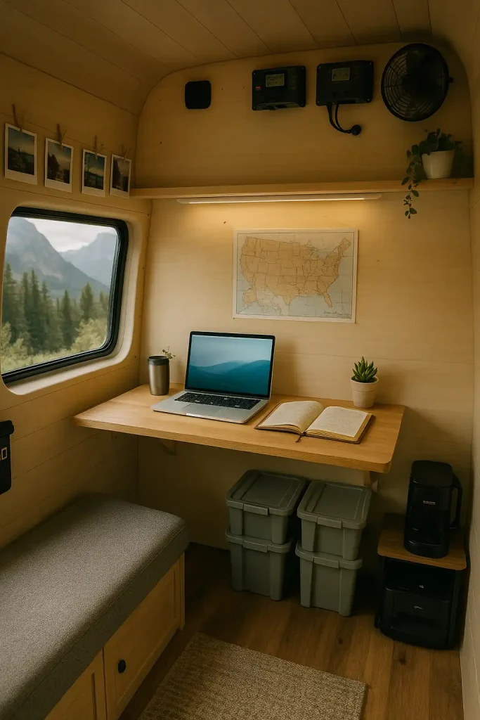 An office that fits in a van, tiny home, or portable cabin. A fold-out desk holds a laptop and travel journal. Solar panels power a few lights and a small fan. Add compact storage bins, a mini coffee maker, and a travel-friendly printer. The decor is minimalist but cozy, with small plants, a map of visited places, and Polaroids strung up on a line. Outside the window is a mountain or forest view. This is for remote workers who take their office on the road and embrace adventure.