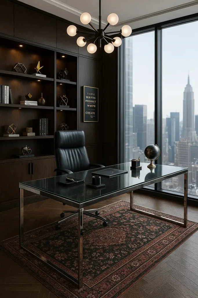 A high-end executive office with floor-to-ceiling windows offering a city skyline view. The decor includes dark walnut furniture, a black leather executive chair, and a large glass-topped desk with chrome legs. Behind the desk, a built-in bookshelf showcases design books, awards, and geometric sculptures. There’s a modern chandelier overhead, and sleek wall art with gold accents. The floor is dark herringbone wood, and a Persian rug adds sophistication. Include touches like a Montblanc pen set, a luxury clock, a globe, and a framed motivational quote on the wall. This office should exude success, confidence, and professionalism.