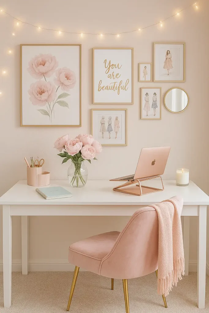 A soft and dreamy workspace with a white desk and blush pink accents. The chair is upholstered in velvet pink with gold legs. The walls are a light cream or blush, decorated with framed prints of florals and inspirational quotes in elegant script. Include a pastel desk organizer, a mint green planner, and a vase with fresh peonies. There’s a gallery wall of fashion illustrations, a round gold mirror, and dainty fairy lights overhead. Add accessories like a white candle, a soft pink throw blanket, and a rose gold laptop stand. The overall vibe is romantic, pretty, and perfectly organized.