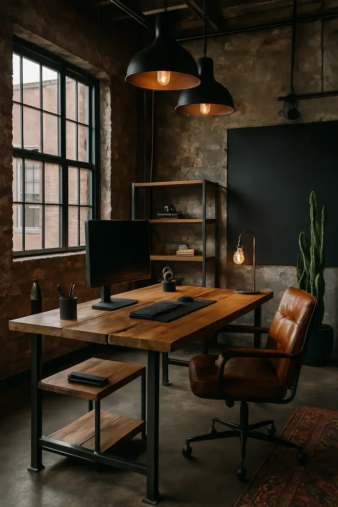 An open loft office with brick walls, black steel windows, and concrete floors. The furniture is reclaimed wood with black metal frames, and the ceiling features exposed pipes and industrial pendant lights. A standing desk setup includes a widescreen monitor, a mechanical keyboard, and minimalist desk accessories in black and brass. Add elements like a leather office chair, Edison bulb lamps, a magnetic chalkboard wall, and a large cactus. The color palette is moody — deep grays, rust, and black with metal accents. Ideal for someone who loves raw, urban aesthetics mixed with modern functionality.