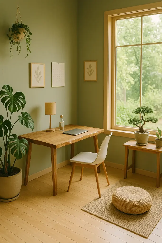 A peaceful, nature-focused office with light green walls, bamboo floors, and a large window overlooking a garden. The desk is made of raw edge wood, and a Japanese floor cushion sits next to a small tea table. Add indoor plants like monstera, bonsai, and hanging ivy. Include natural textures: a sisal rug, linen curtains, and ceramic pots. Wall decor includes botanical prints and a minimal calendar. The desk holds only a closed laptop, a glass water bottle, and a bamboo desk lamp. The vibe is clean, earthy, and rejuvenating — designed to reduce stress and boost mental clarity.