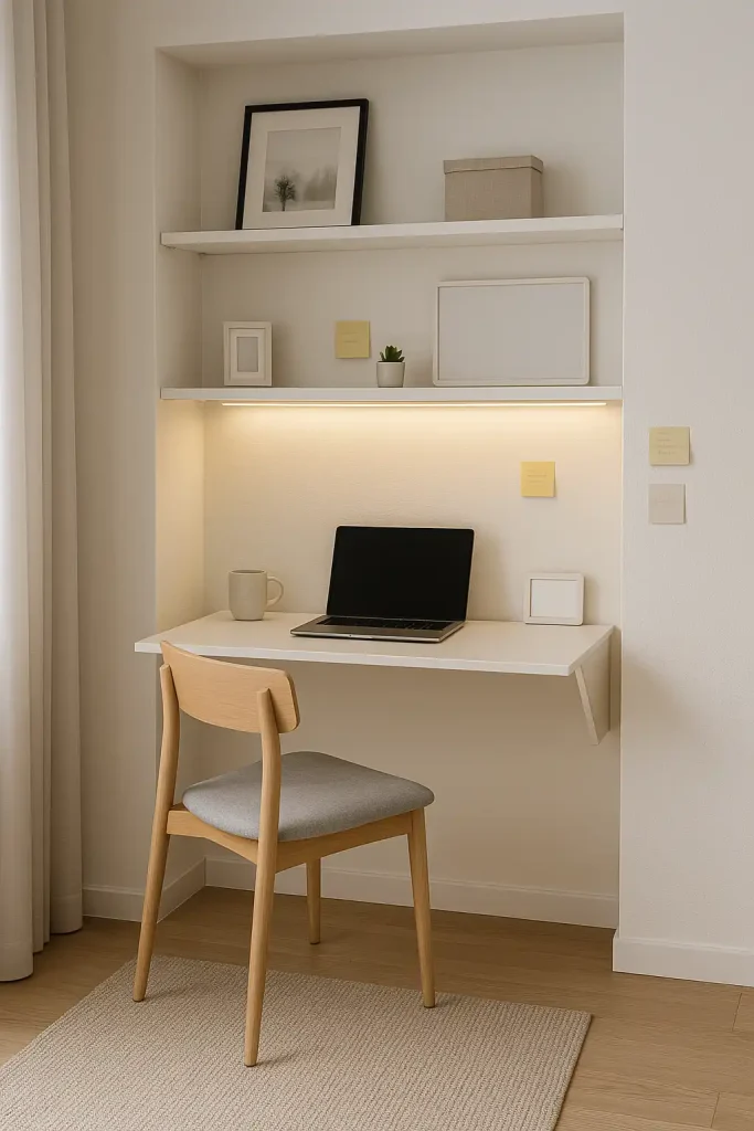 A compact but efficient office space in a studio apartment. A wall-mounted folding desk in white with storage cubbies above it maximizes space. A slim chair with a cushion sits below, and LED strip lighting is mounted under the shelves. Include a small laptop, sticky notes, and a calendar. Decor is minimalist: one or two framed photos, a tiny succulent, and a whiteboard with goals. A neutral rug defines the space, separating it from the rest of the living area. This image is about stylish functionality for people working with limited square footage.