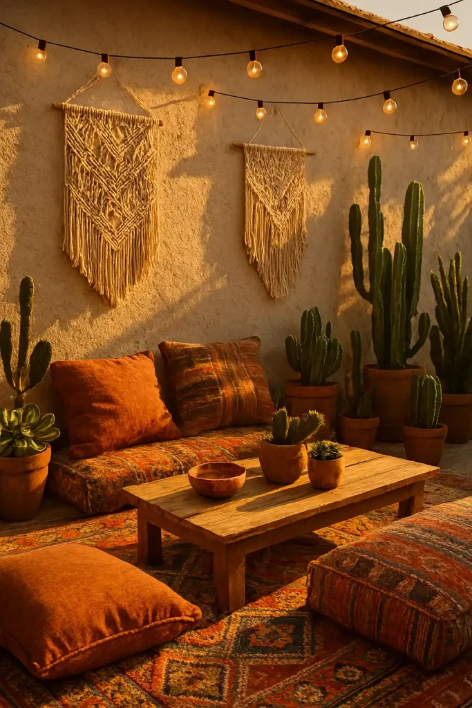 A cozy bohemian patio with a low wooden coffee table, colorful Moroccan rugs, oversized floor cushions, hanging string lights, potted succulents and cacti, and macramé wall hangings — golden hour lighting, warm earthy tones