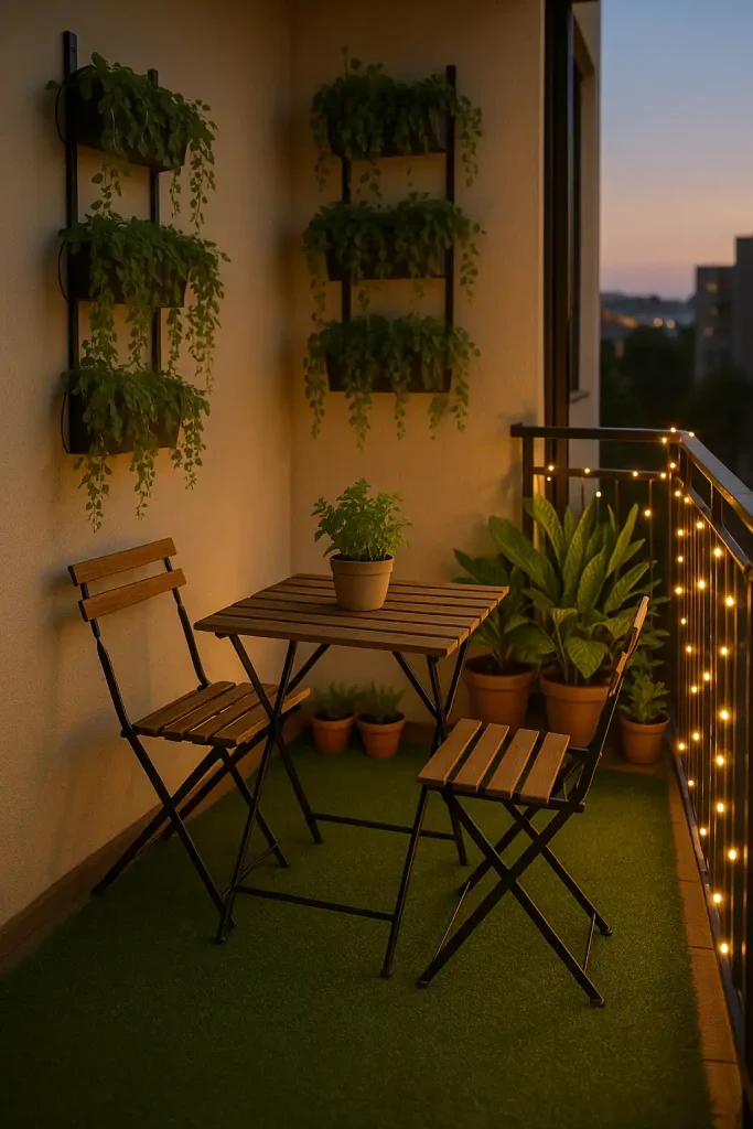 A small apartment balcony transformed into a cozy patio with artificial grass flooring, foldable bistro set, vertical wall planters, a tiny herb garden, and fairy lights woven along the railing — evening shot with warm tones