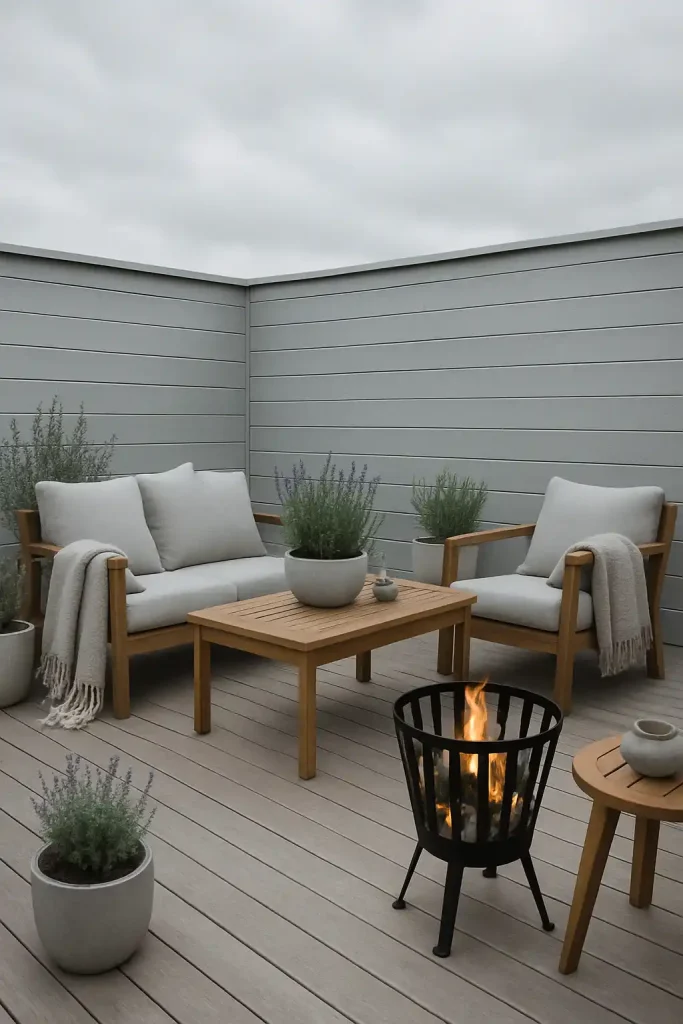 A Scandinavian-style patio with clean-lined teak furniture, light gray cushions, soft wool throws, minimalist planters with lavender and eucalyptus, a small fire basket, and pale wood deck flooring — cloudy, overcast lighting with cool tones