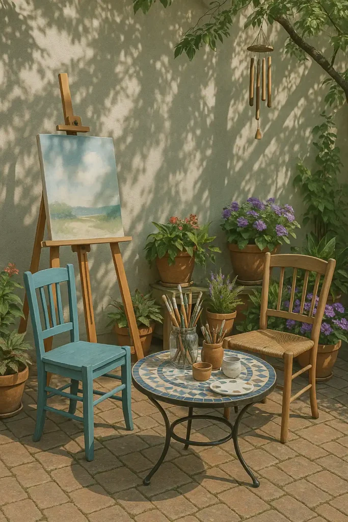 A creative patio corner for artists — easel with an unfinished canvas, paint brushes in jars, mismatched chairs, colorful potted plants, wind chimes, and a mosaic-tiled coffee table — sunlit morning with shadows from leafy trees