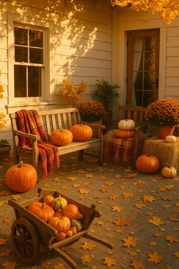 A festive fall patio decorated with pumpkins, hay bales, plaid throws, a wooden wheelbarrow filled with gourds, golden leaves scattered on the floor, and a rustic wooden bench — amber-toned afternoon light