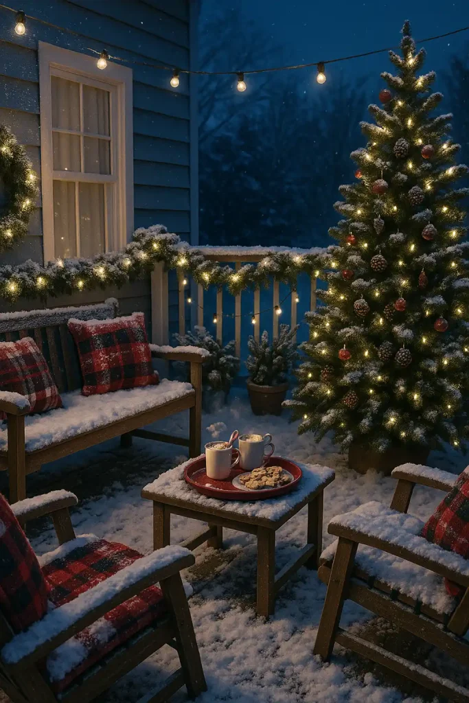 A holiday-ready patio covered in faux snow, red plaid cushions, a Christmas tree decorated with pinecones and ornaments, string lights wrapped around railing, and a tray of hot chocolate and cookies — twilight scene with cool bluish lighting