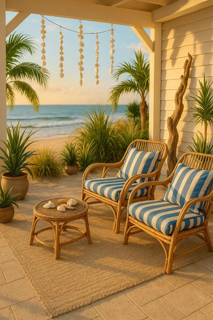 A beach-inspired patio with rattan lounge chairs, blue and white striped cushions, seashell garlands, driftwood accents, a sandy rug, and ocean plants like palms and grasses — breezy late afternoon with golden sun