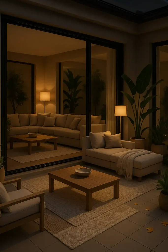 An elegant patio that blends with the indoor space — large sliding glass doors open to reveal a plush sectional, layered rugs, floor lamps, tall leafy plants, and a neutral palette of beige, ivory, and tan — soft evening lighting