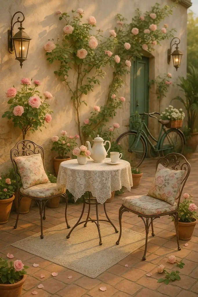 A vintage garden-style patio with wrought-iron furniture, floral cushions, lace tablecloth, antique lanterns, potted rose bushes, and an old bicycle with a flower basket leaned against the wall — romantic early morning light
