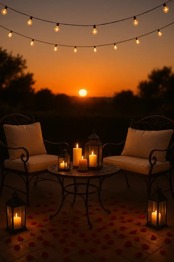 An intimate outdoor patio setup for a romantic evening — wrought iron furniture with plush white cushions, candles in lanterns, soft fairy lights overhead, rose petals scattered on the ground, with a glowing sunset in the background