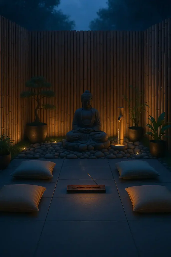 A calming outdoor patio space for meditation — floor cushions in muted tones, incense holder, Buddha statue, bamboo fountain, smooth stones, and ambient lighting from hidden LED strips — twilight setting with peaceful blue shadows