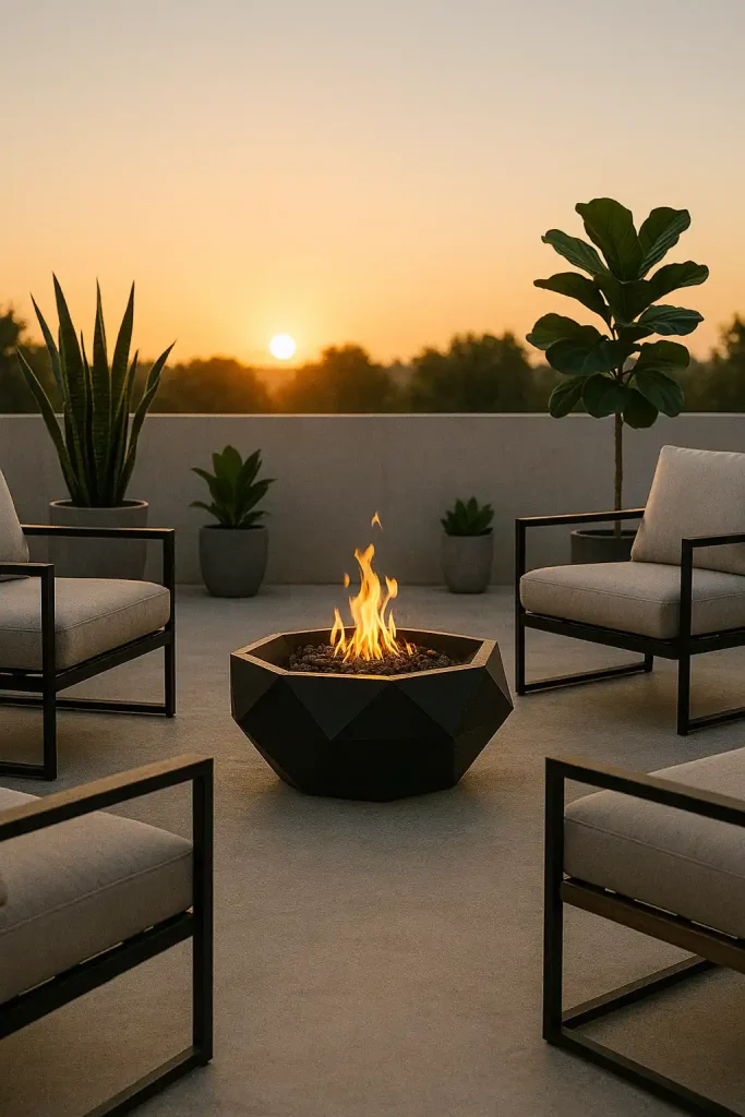A sleek and modern minimalist patio with concrete flooring, black metal and wood furniture, neutral cushions, symmetrical potted plants (snake plant, fiddle leaf fig), and a geometric fire pit — captured at sunrise
