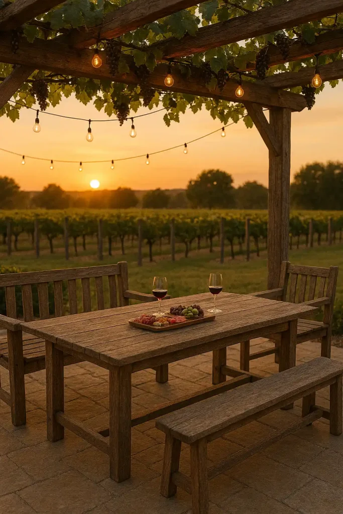 A rustic vineyard-style patio with reclaimed wood furniture, a long farmhouse-style dining table, string lights draped over a pergola, grapevines overhead, wine glasses and charcuterie board on the table — golden hour glow