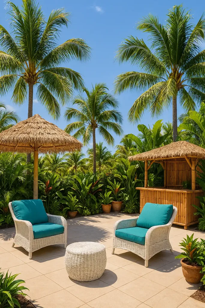 A tropical resort-style patio surrounded by palm trees, white wicker lounge chairs with teal cushions, a thatched umbrella, tropical plants, and a bamboo tiki bar in the corner — bright midday sunlight with clear blue skies