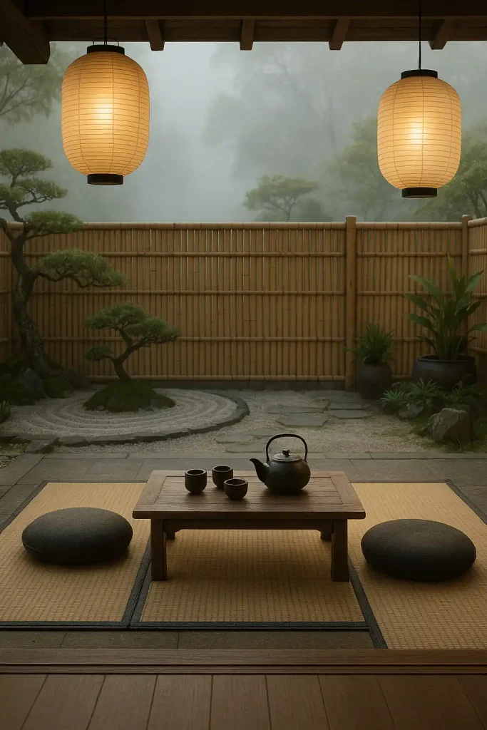 A serene Japanese-style patio with tatami mats, a low tea table with ceramic tea set, bamboo fencing, raked gravel garden, bonsai trees, and paper lanterns — misty morning ambiance with a soft, peaceful vibe