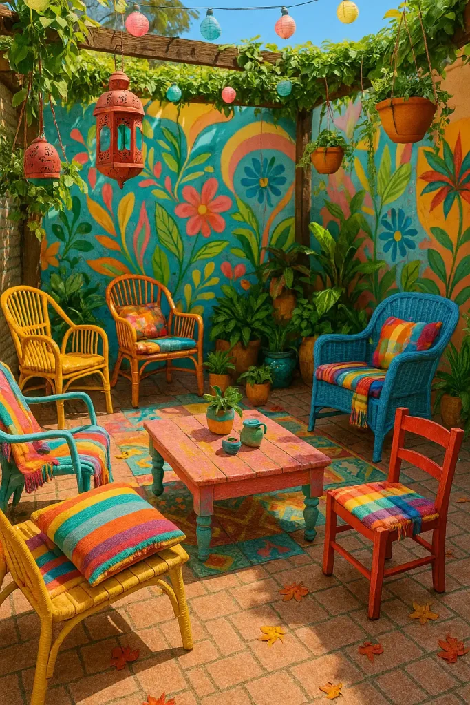 An eclectic and colorful patio full of vibrant mismatched furniture, rainbow cushions and throws, quirky lanterns, hanging planters with trailing greenery, and a painted mural wall in the background — bright and playful vibe