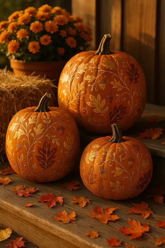A rustic fall scene with pumpkins decorated in warm tones, featuring hand-painted leaves, acorns, and swirling vines in gold and copper. The pumpkins sit on a wooden porch surrounded by hay bales, mums, and scattered leaves, all bathed in golden hour sunlight.