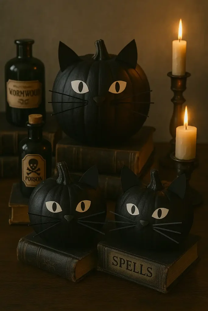 Pumpkins painted to resemble black cats, complete with ears and whiskers made from paper or wire. Surrounded by potion bottles, spell books, and candlelight for a whimsical, witchy vibe.