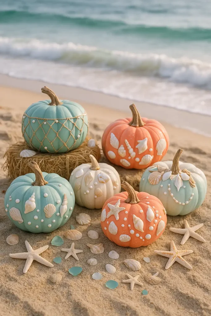 Pumpkins in shades of seafoam, coral, and ivory, decorated with shells, pearls, and driftwood accents. Some have netting or jute twine wrapped around them. Styled on a sandy surface with starfish, sea glass, and crashing waves in the distance.