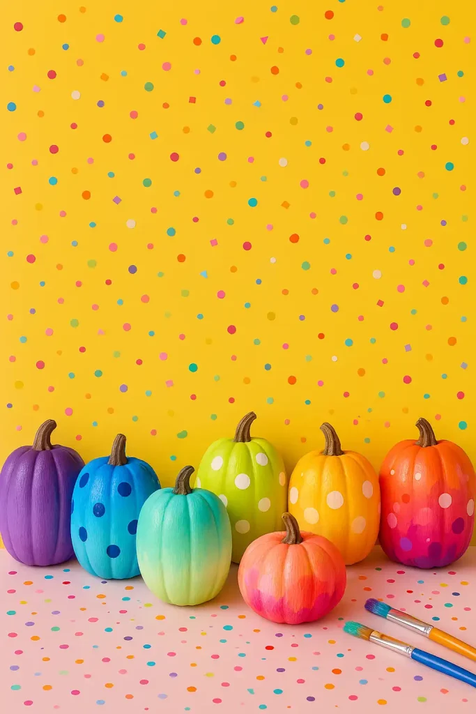 A vibrant row of pumpkins, each painted a different color of the rainbow with ombre effects, polka dots, or abstract brush strokes. Arranged against a bright wall with confetti, paintbrushes, and a fun, modern art vibe.